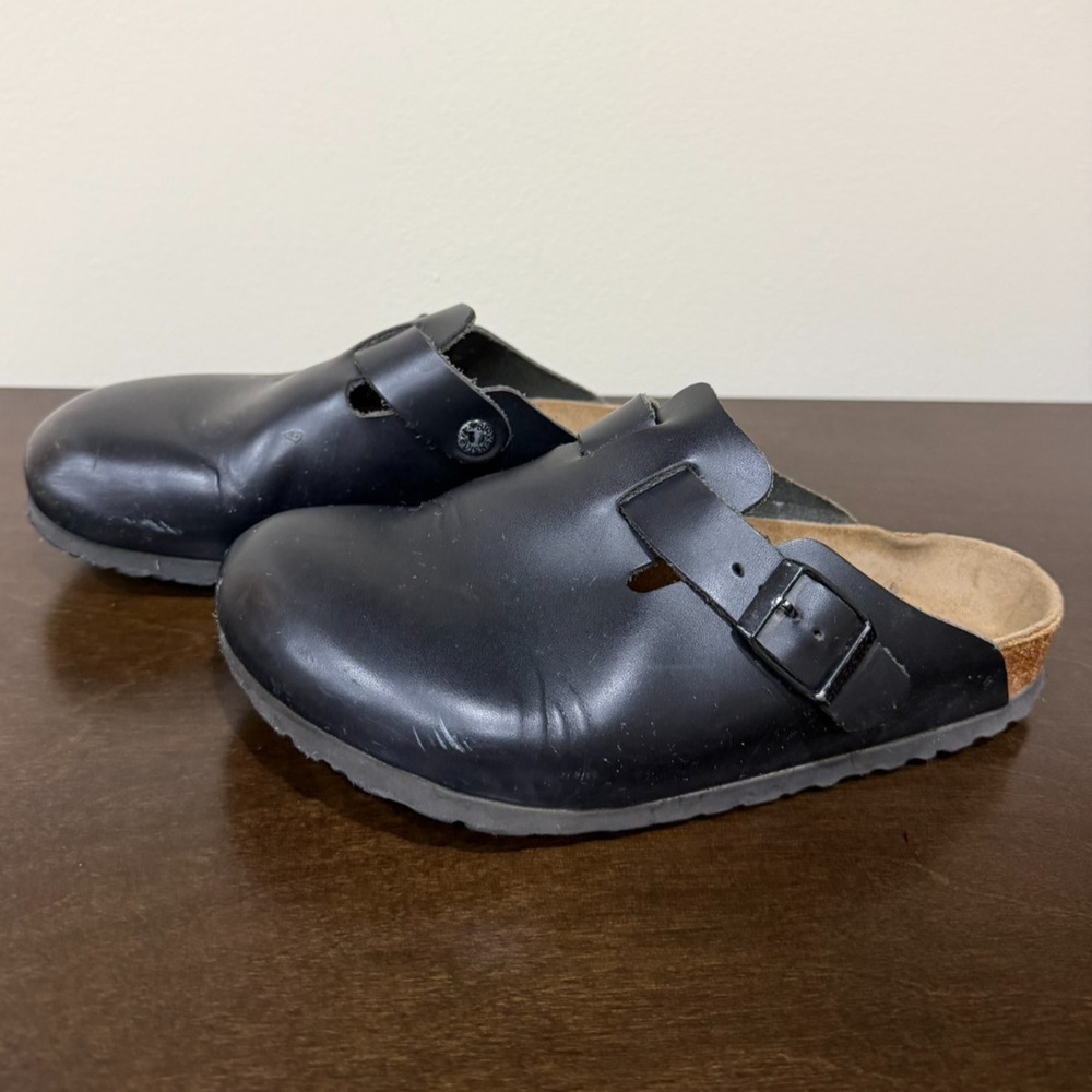 Birkenstock Boston Clogs Black Leather Slip On Mules Womens Shoes Size 37 6-6.5